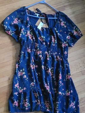 Maurices Women Boho Navy Blue Floral Knee Length Tie Back Dress Size XXL